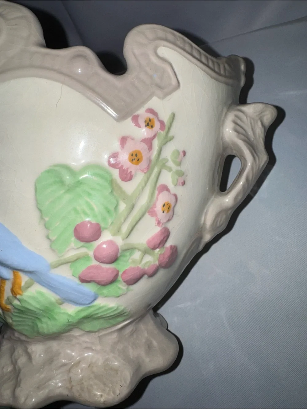 Vintage Large Hand-Painted Bird Planter Crackle Vase Blue Bird & Flowers